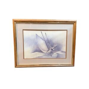 Vintage Nautical Sailboat Original Art Framed Maritime Print by M. Lenoir